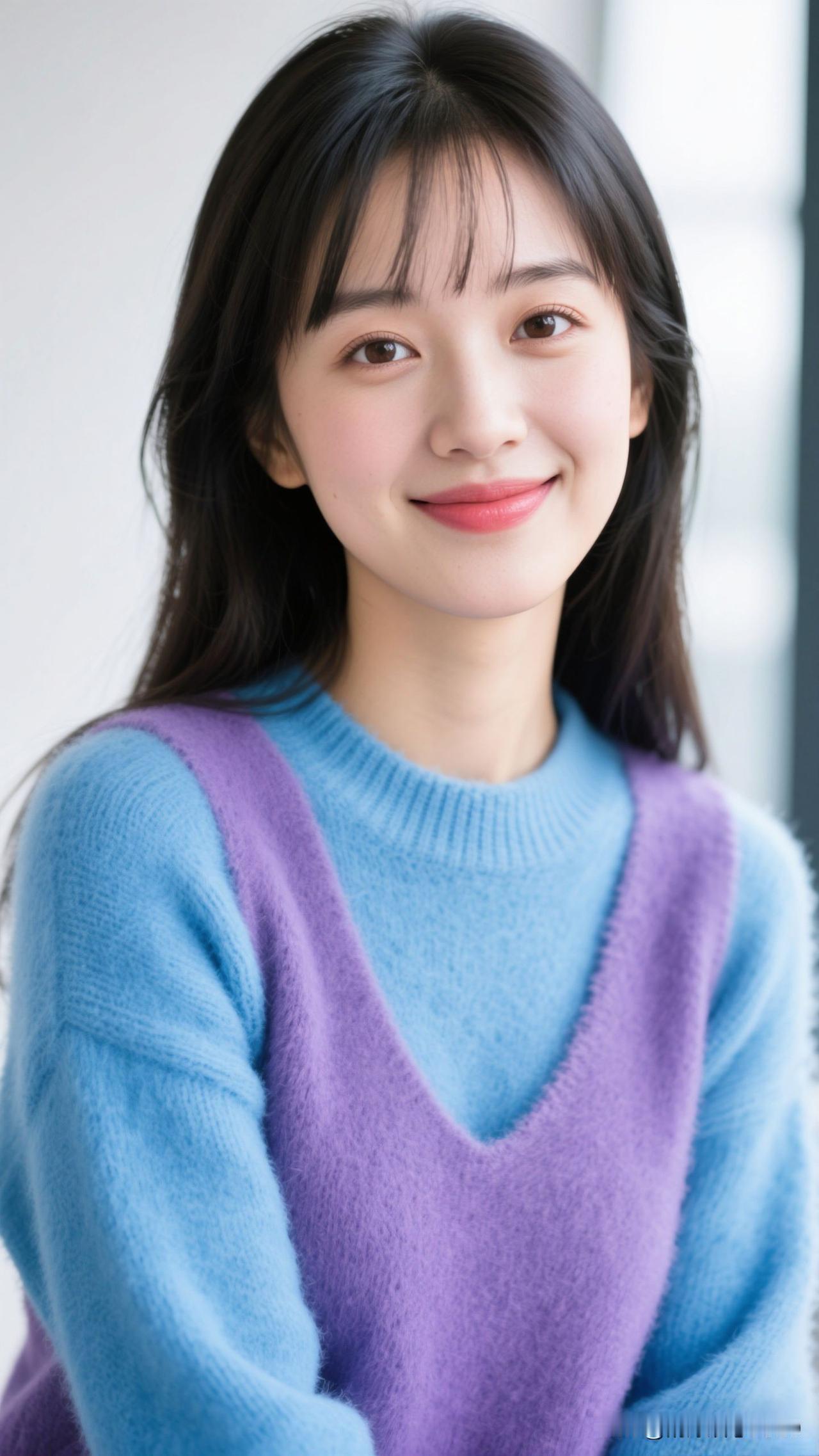 ❄️ 寒天为幕，蓝毛衣是晕开的晴空，紫背心是盛着蜜的蕊，一笑，就把季节的温柔穿在