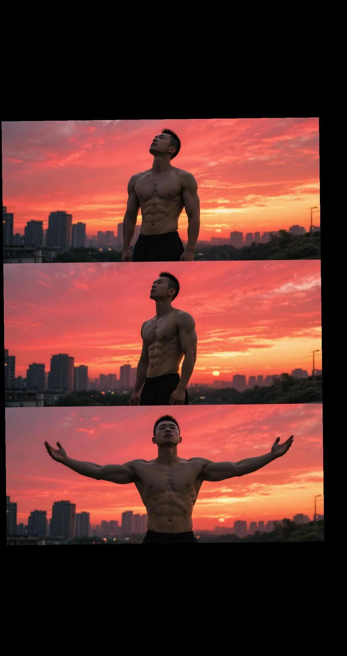 健身徒步旅行70后大叔AI夕阳力量写真