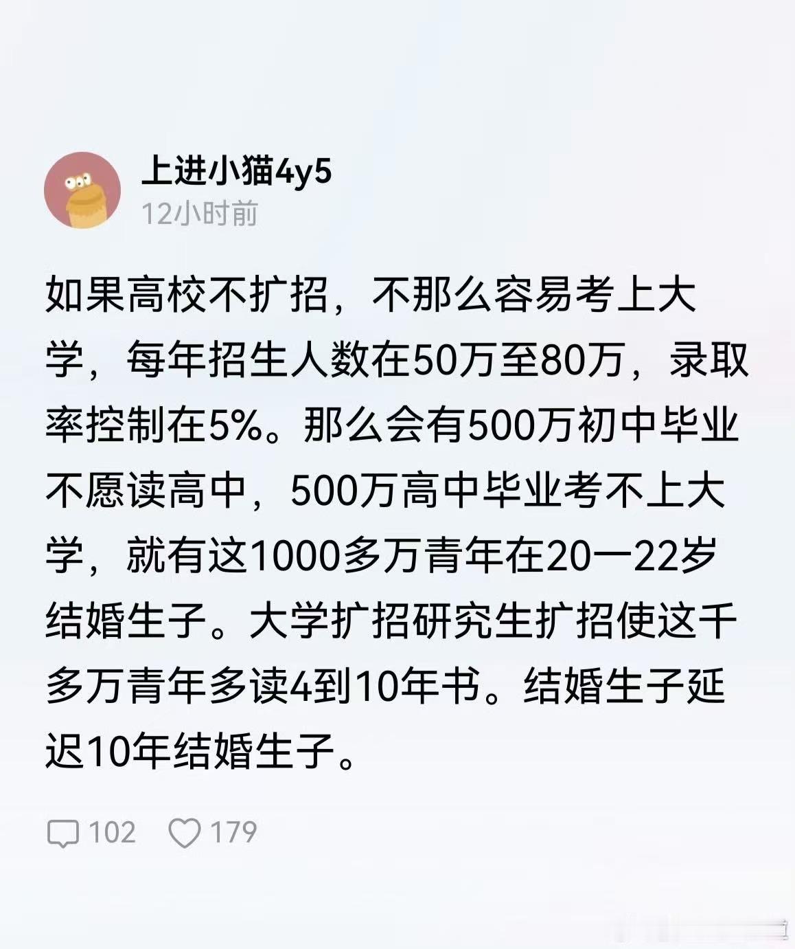 教育周期延长，不仅意识上会抑制婚育，时间上也会抑制，因为硕士毕业年纪大了。现在普