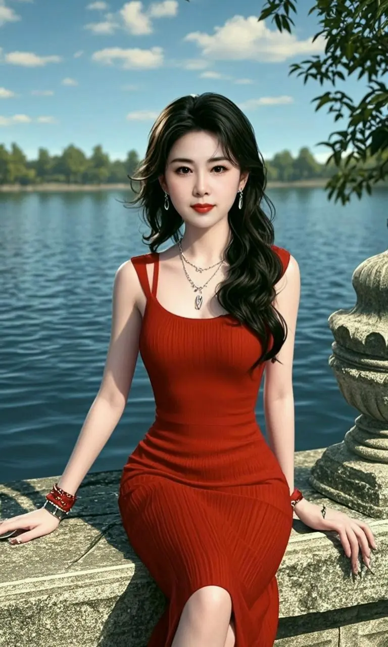 AI湖畔红裙照 ai创作