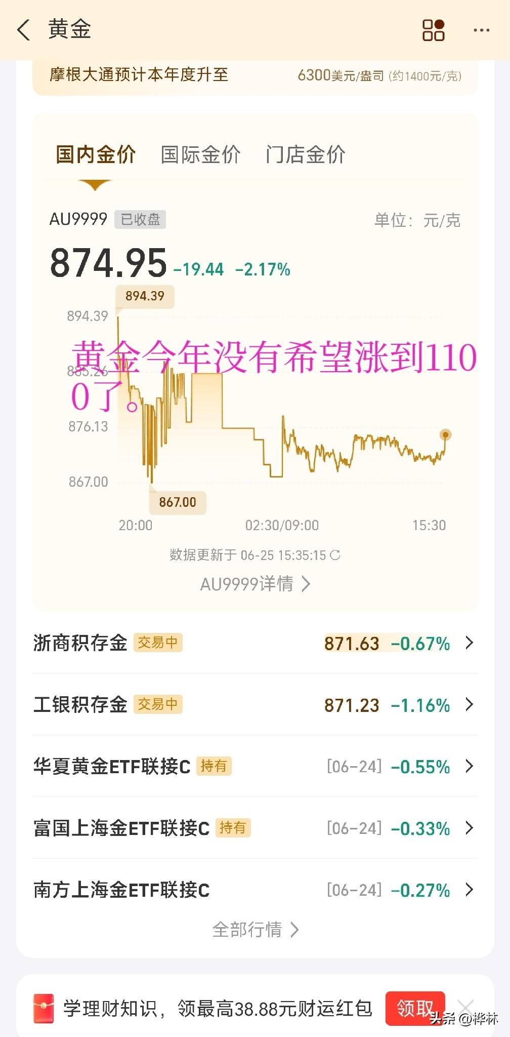 黄金今年没有希望涨到1100了。
今天黄金再次大跌，根据我的猜测，明天依然会再跌