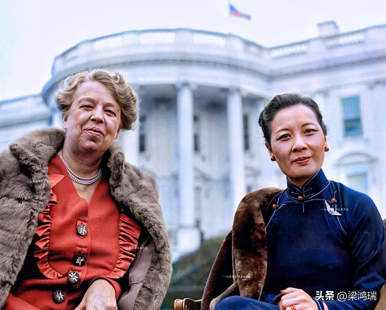 这张照片展示了 1943 年 2 月，中国第一夫人宋美龄（右）在访问美国期间，与