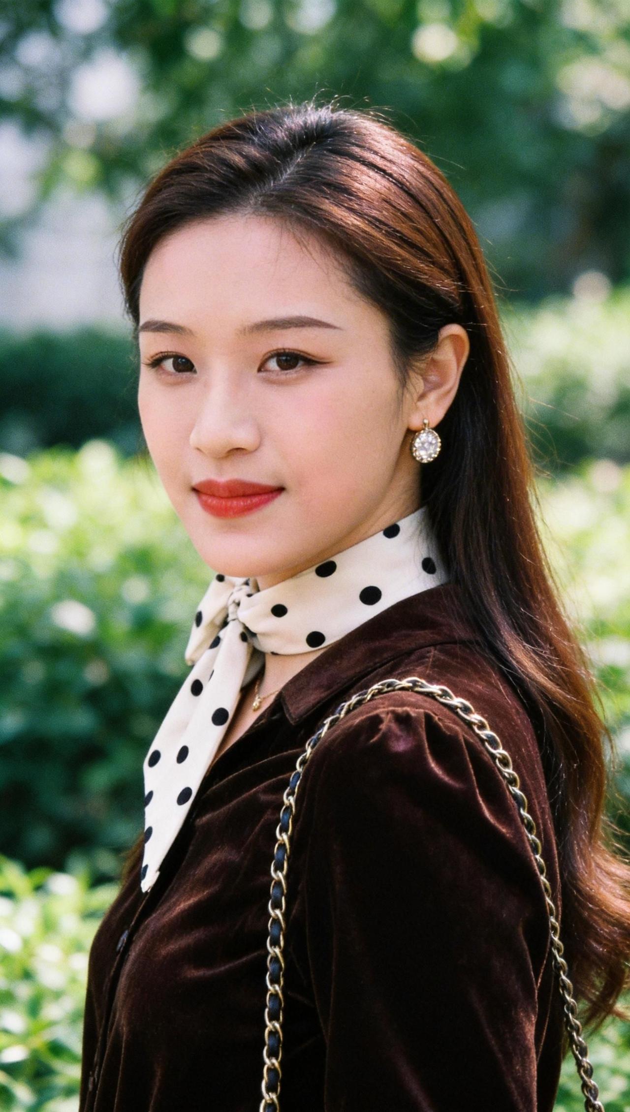 在这条复古街道上，阳光透过树叶洒下斑驳的光影，仿佛时间在这里放慢了脚步。黑白波点