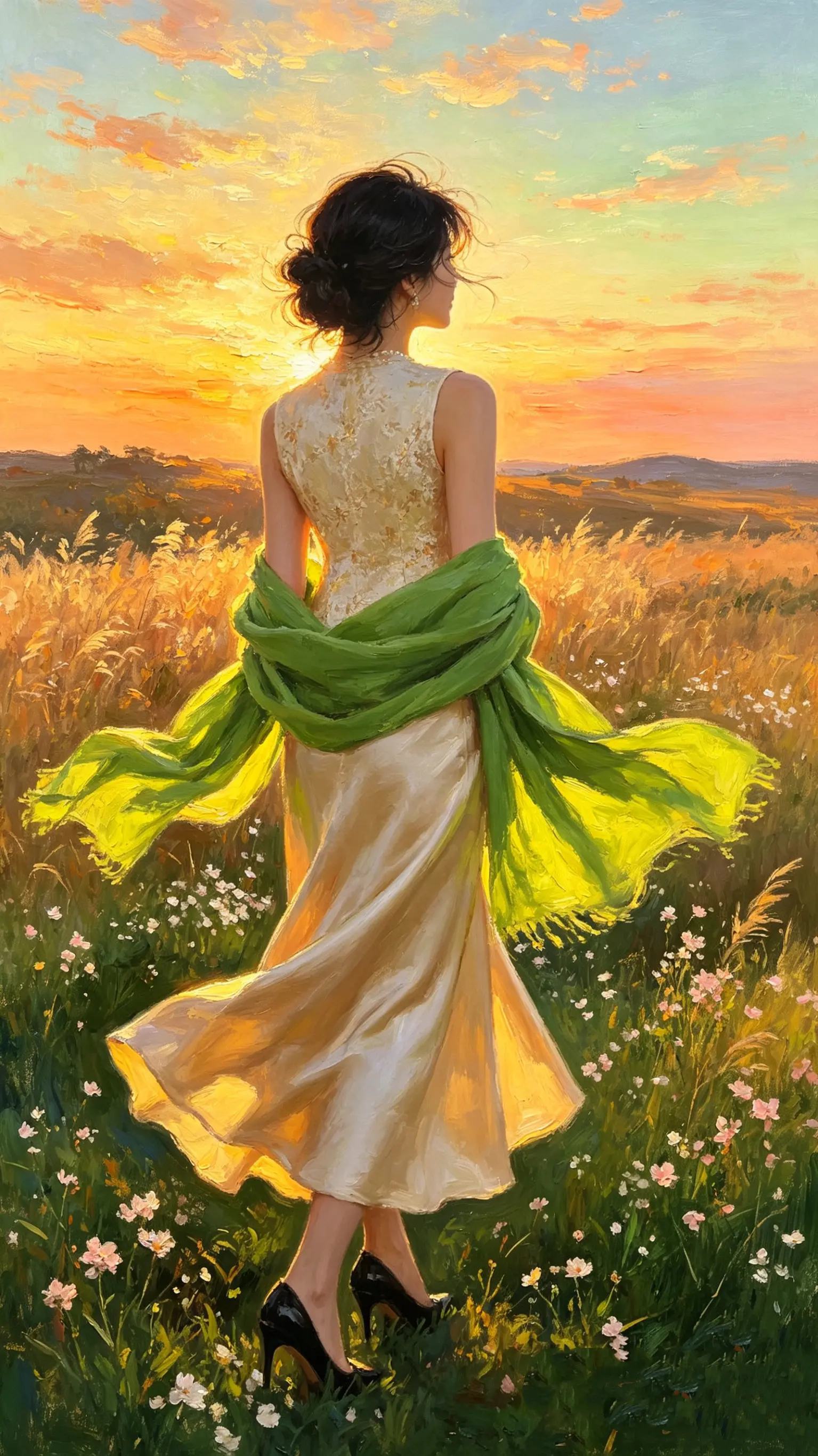 《晚风吹裙》落日把旷野焐成蜜色 她站在花与草的浪里 绿围巾是风扯住的春...