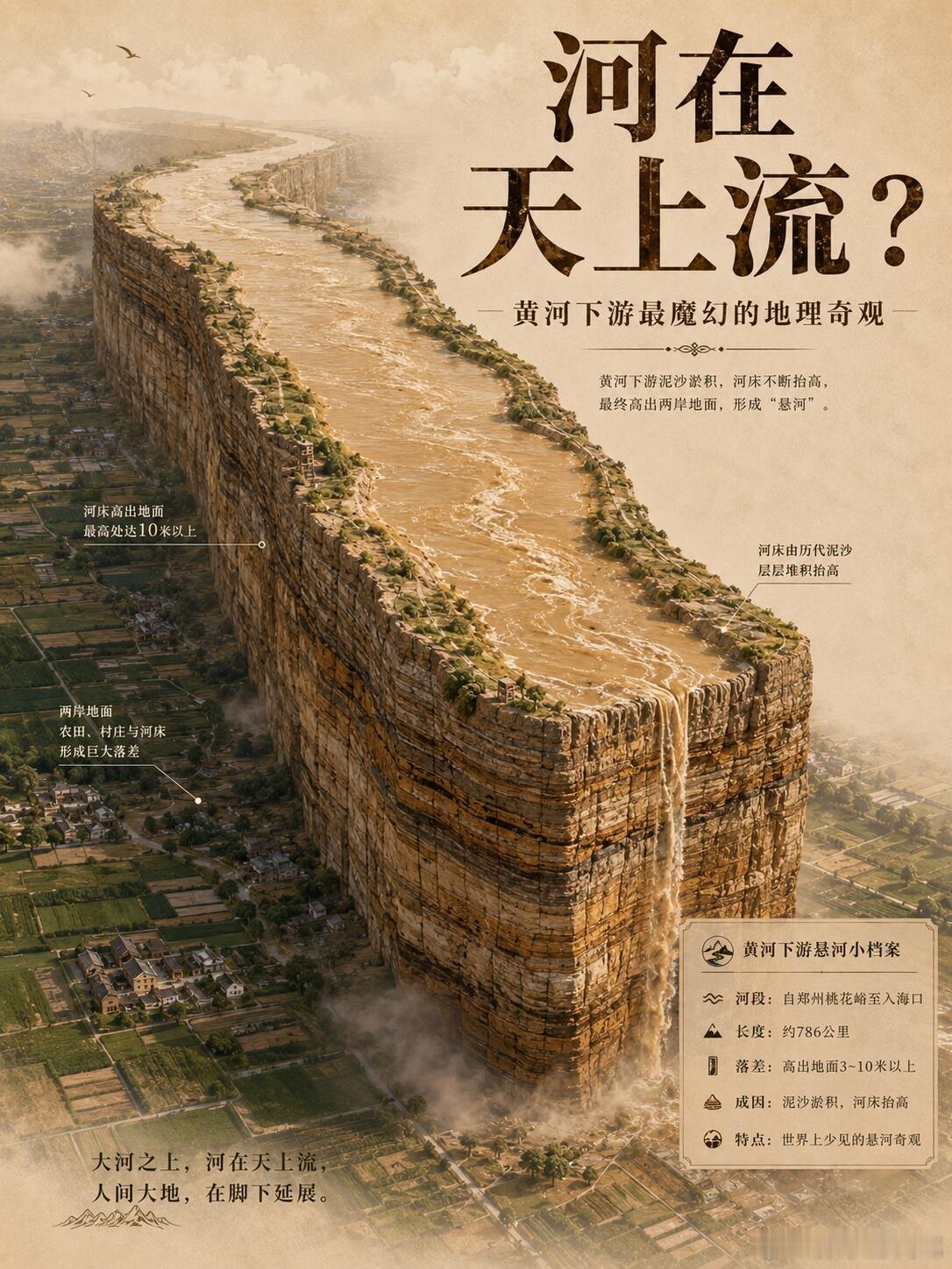 当泥沙在河底不断淤积，悬河将高于大地，在黄河下游，有些地方不是河流低于大地，而是