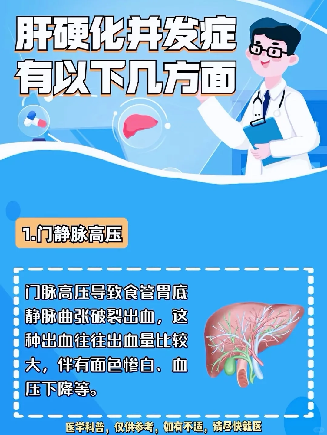 肝硬化常见的并发症你知道吗？ 1、门静脉高压 2、肝腹水 3、肝性脑病...