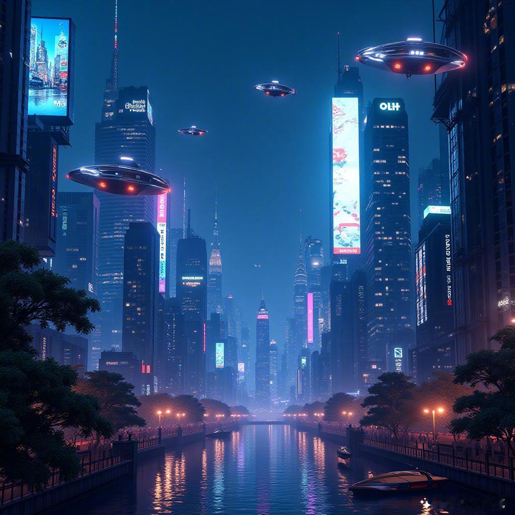 夜空闪烁着无尽的可能，未来的科技在此绽放。飞行汽车穿梭于霓虹之中，心中满是对未知