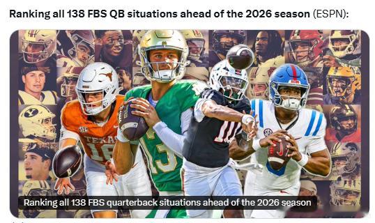ESPN最近发表一篇文章，对NCAA橄榄球2026赛季前所有138个FBS四分卫