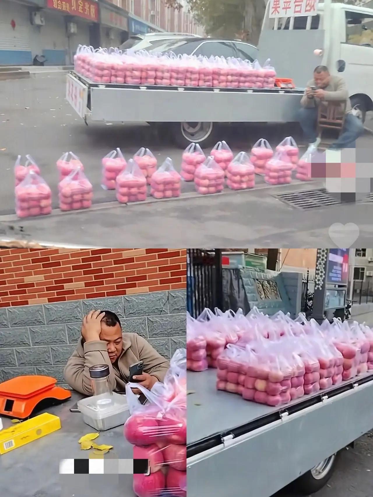 这位卖苹果的大哥，
怕是要被“流量”找上门了！

苹果摆得像列队，一问果然当
过