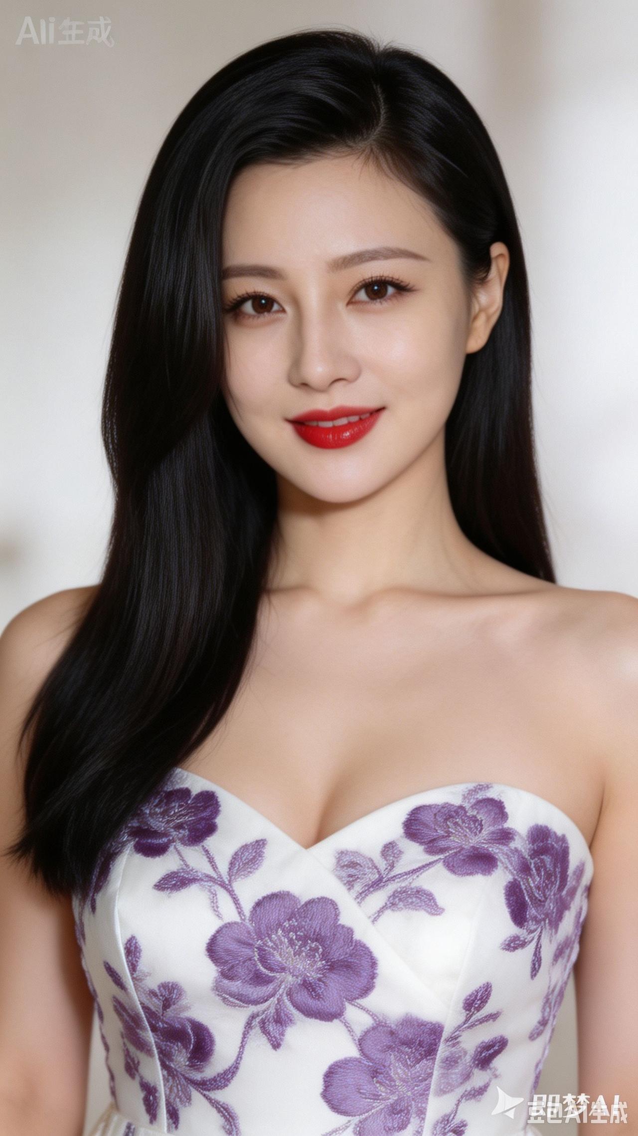 这位美女穿着紫色花裙，微笑迷人。