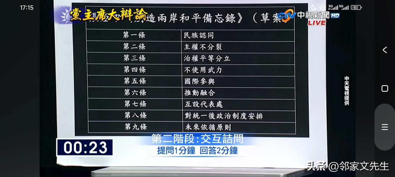 张亚中九条阐述两岸和平备忘录构想

在今天的辩论中，张亚中提出具体办法推动两岸签