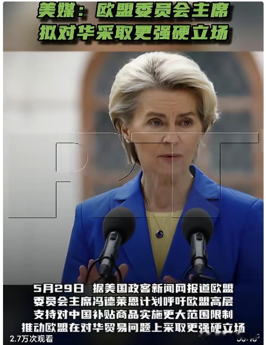 5月29日，据美国政客新闻网报道，欧盟委员会主席冯德莱恩计划呼吁欧盟高层支持对中