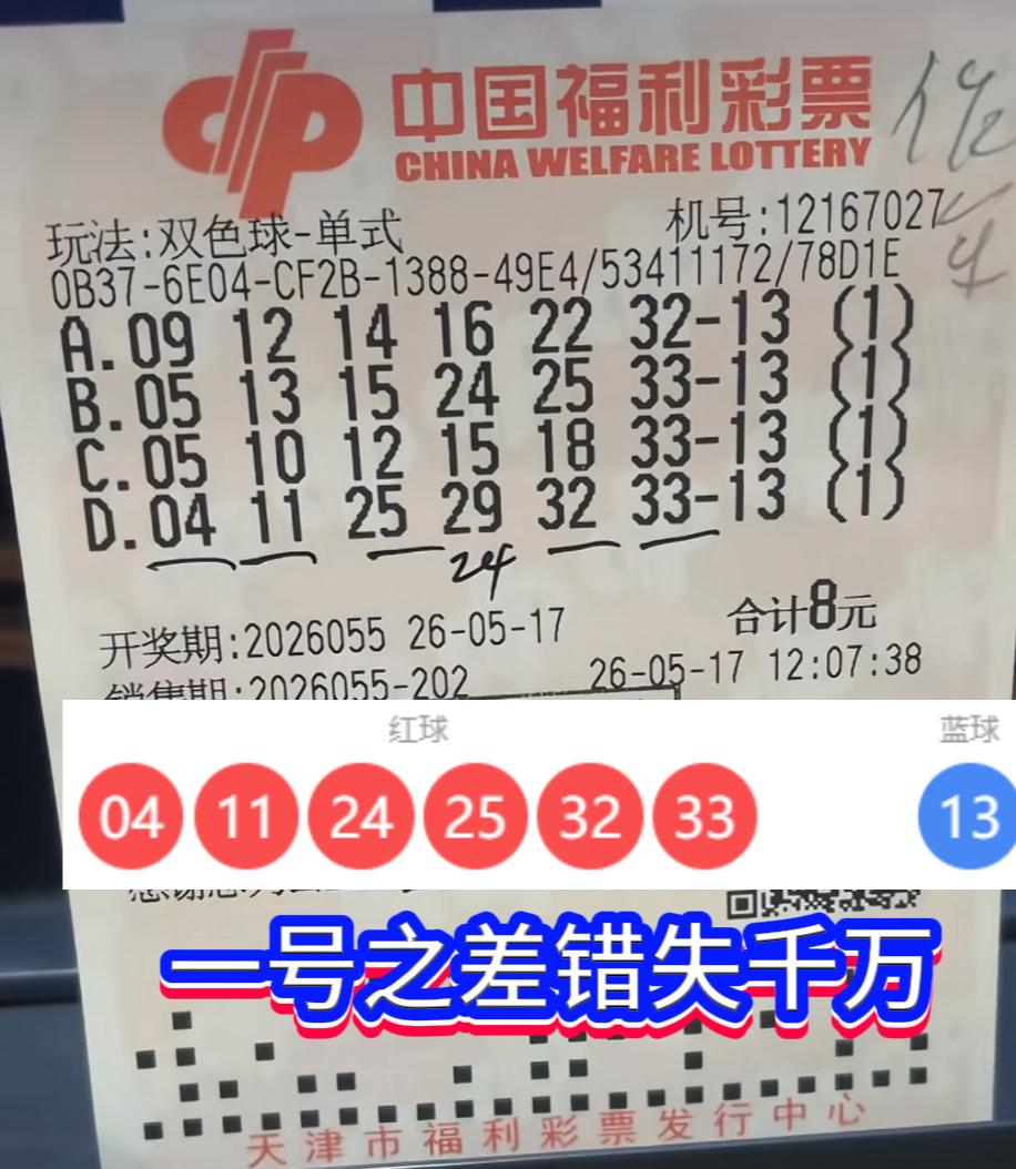 一号之差，与千万大奖擦肩而过。

谁能懂这种窒息的遗憾？双色球2026055期开