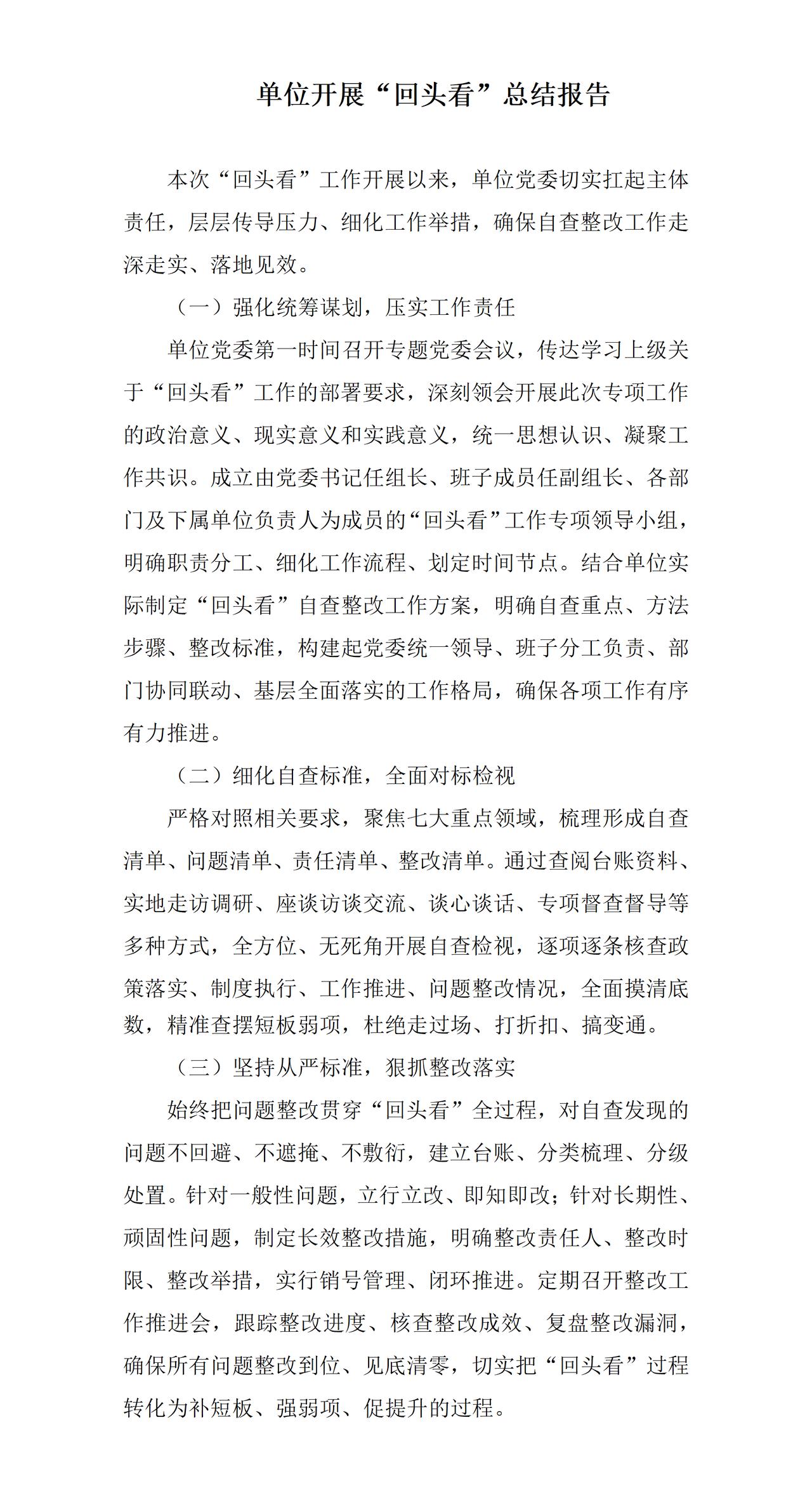 才子撰写的单位开展“回头看”总结报告，针对工作中一般性的问题，做到立行立改和即知
