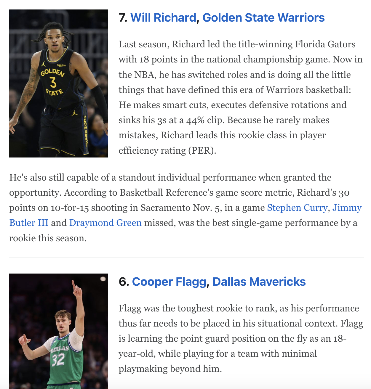 在NBA新秀榜排名第十后，ESPN的记者把理查德也排到了新秀实时战力的第七 