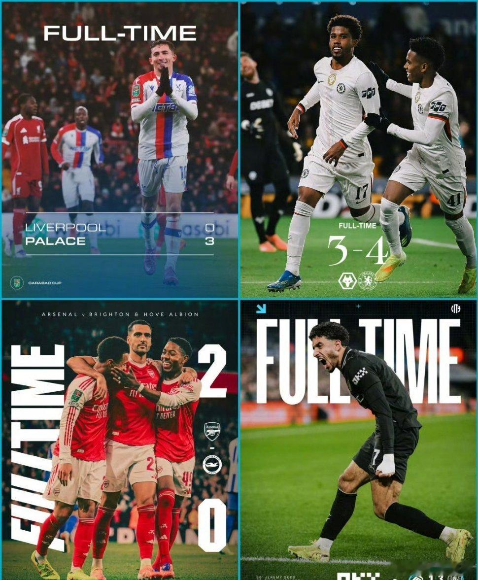 曼城、切尔西和阿森纳顺利挺进联赛杯八强。枪手再次实现零封！安菲尔德迎来凄风惨雨的