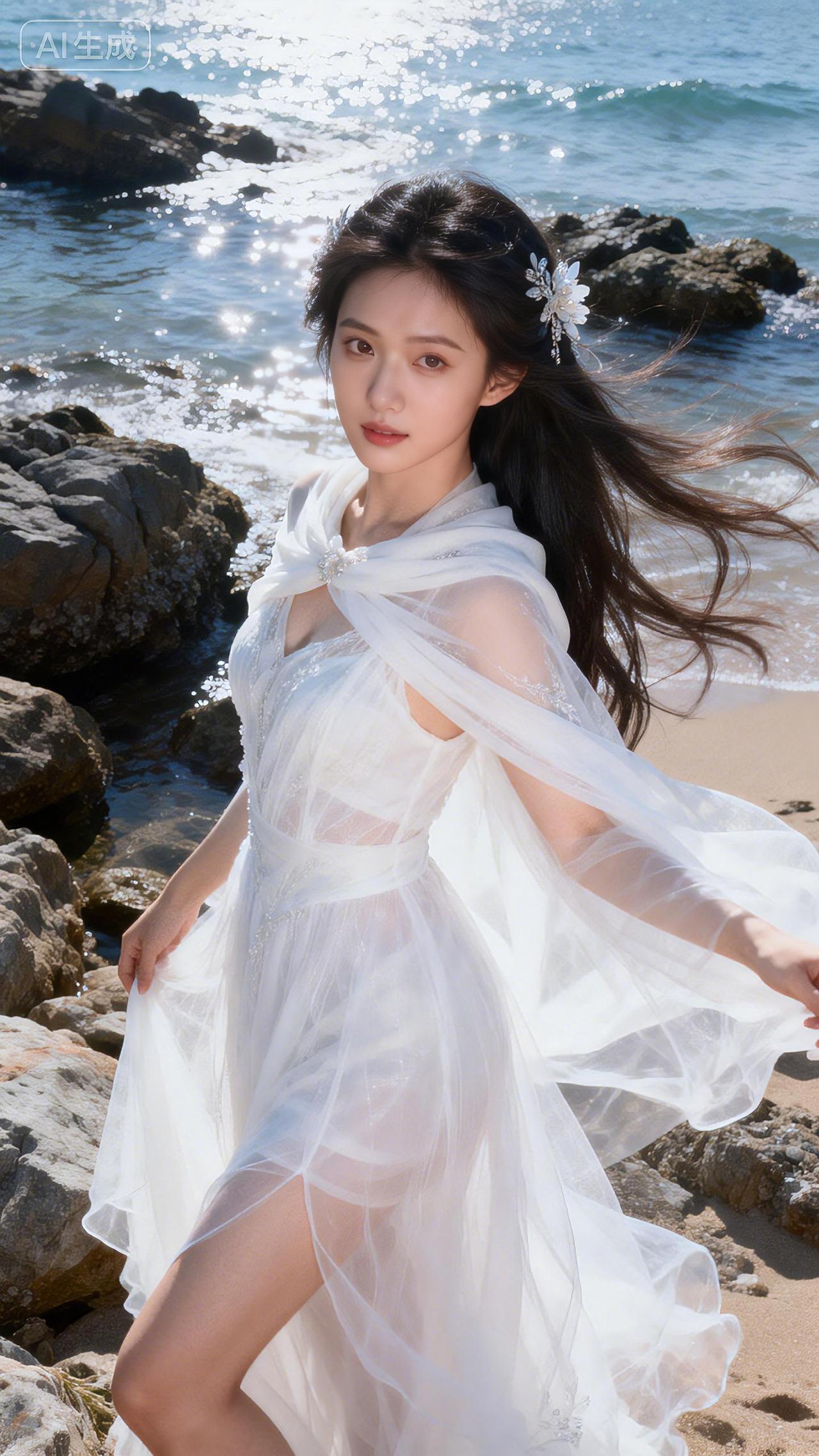 海风吹拂白纱扬，礁石独立水云乡。豆包 壁纸