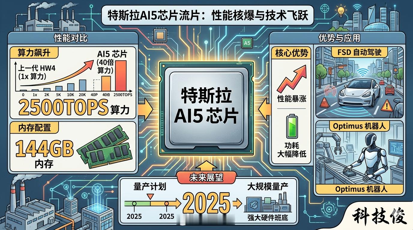 特斯拉AI5芯片流片马斯克公开的AI5实物照，算力直接飙到2500TOPS，内存