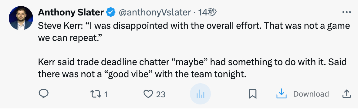 史蒂夫·科尔表示：“我对球队整体的努力程度感到失望。这种表现不能再出现了。”科尔