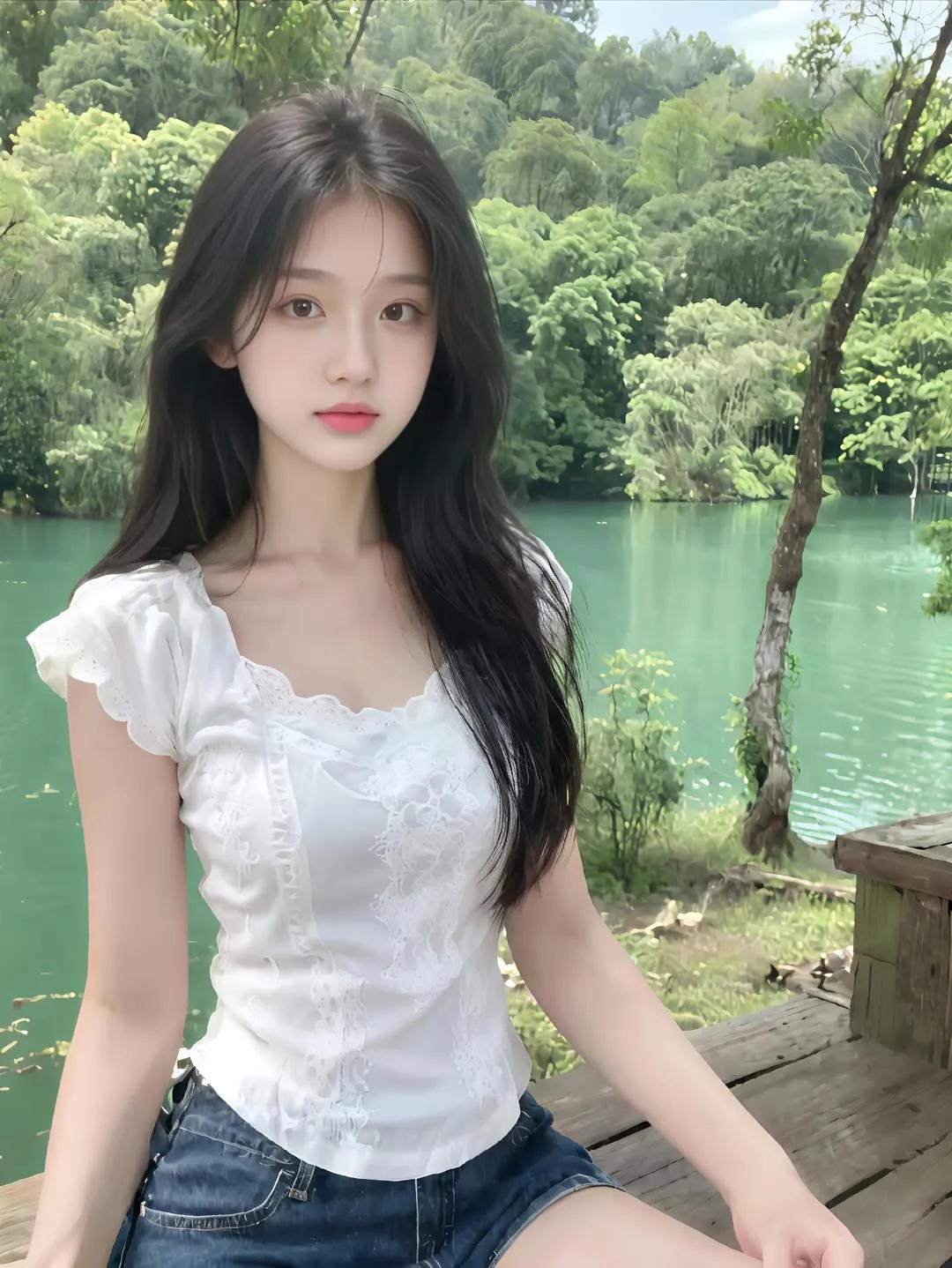 夏日清新少女，绿意盎然湖畔，白色蕾丝上衣，牛仔短裙，自然清新，甜美可人。街拍 高