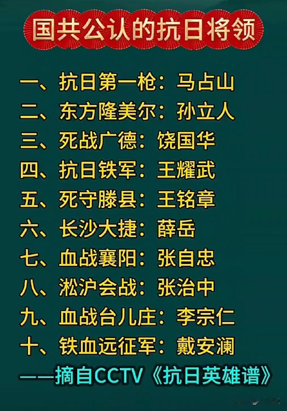 国共公认的抗日将领名单
你知道的还有其他人吗？
向抗日英雄致敬[祈祷]