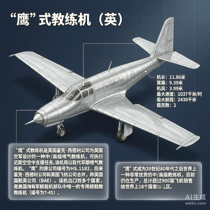 军事ai新视野  “鹰”教练机［英］机长：11.86米翼展：9.39米机高：3.