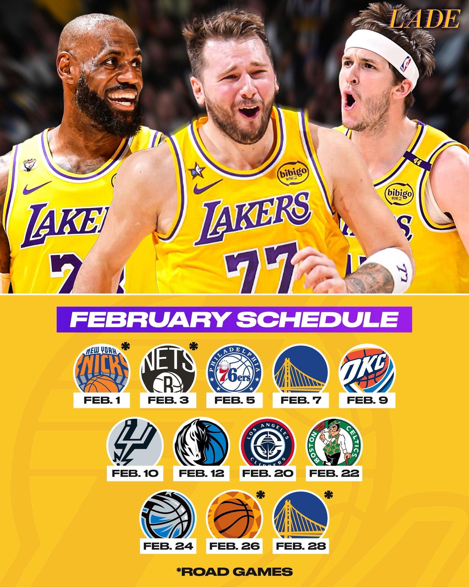 湖人在2月有12场比赛，4个客场，8个主场，有一个背靠背（主场连打雷霆和马刺），