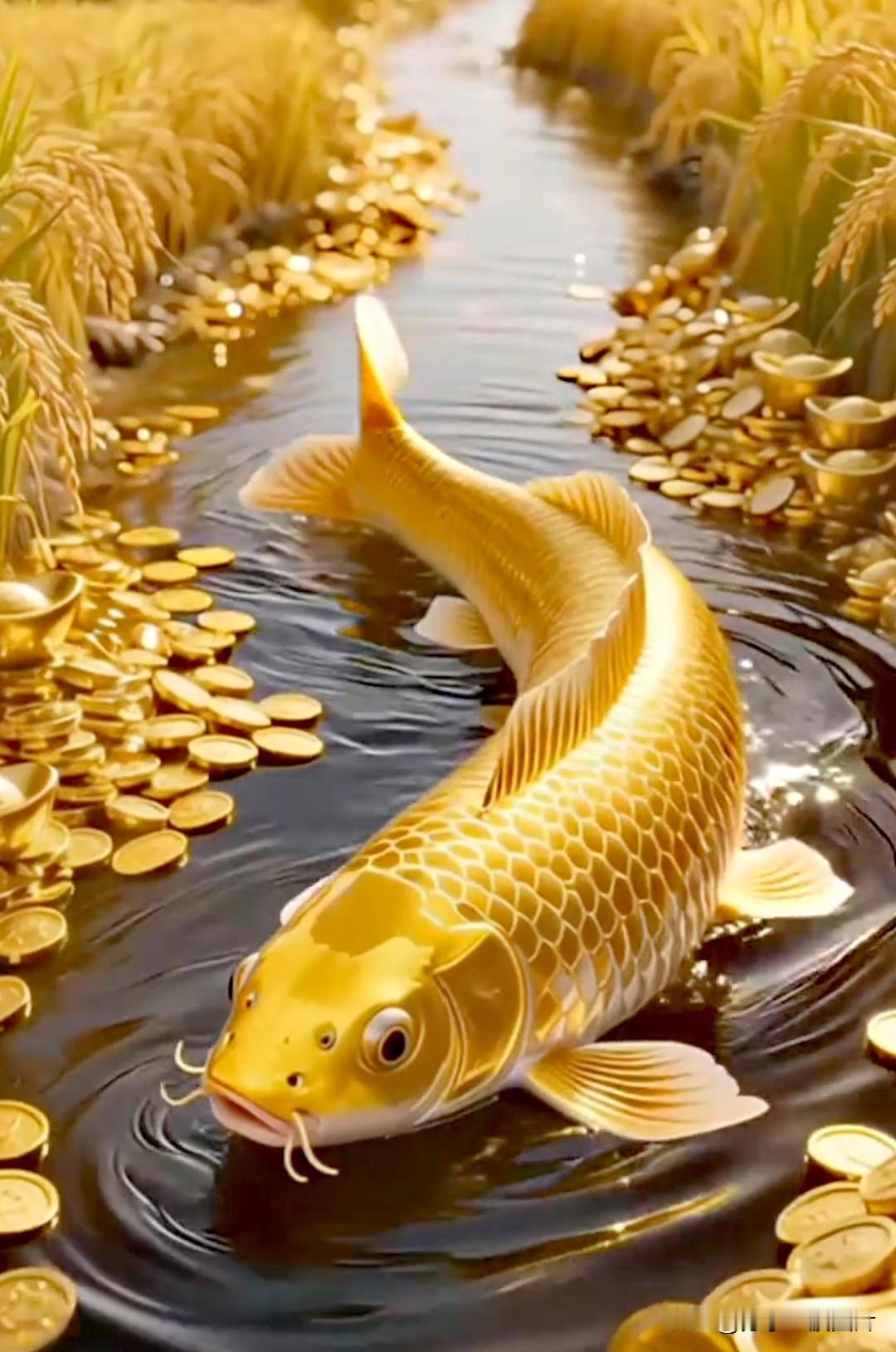 金鲤逐波携福至，
良田淌玉引财来。
