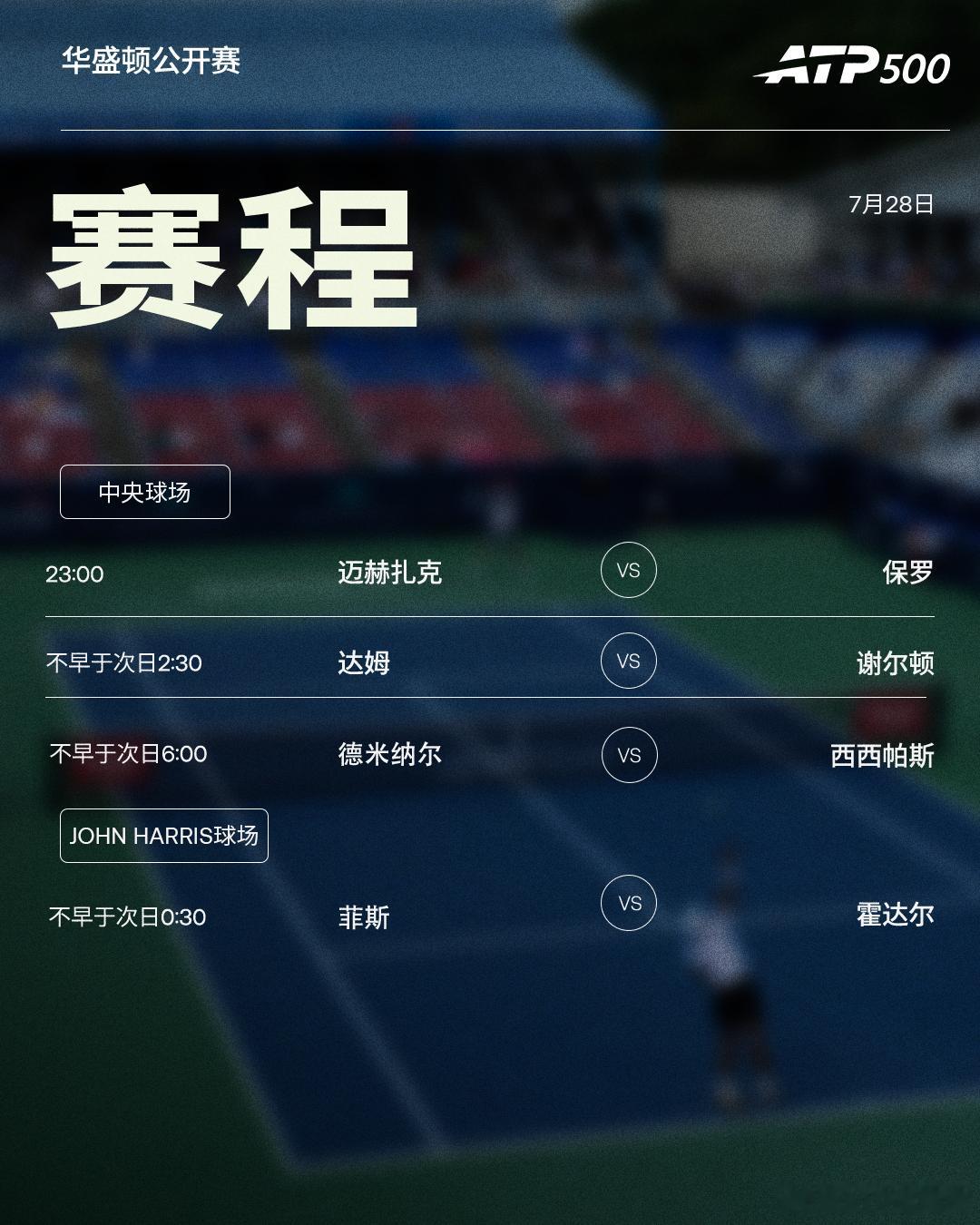 本周两站ATP赛事第二日赛程如下，均为北京时间📅📍ATP500 华盛顿站🎾