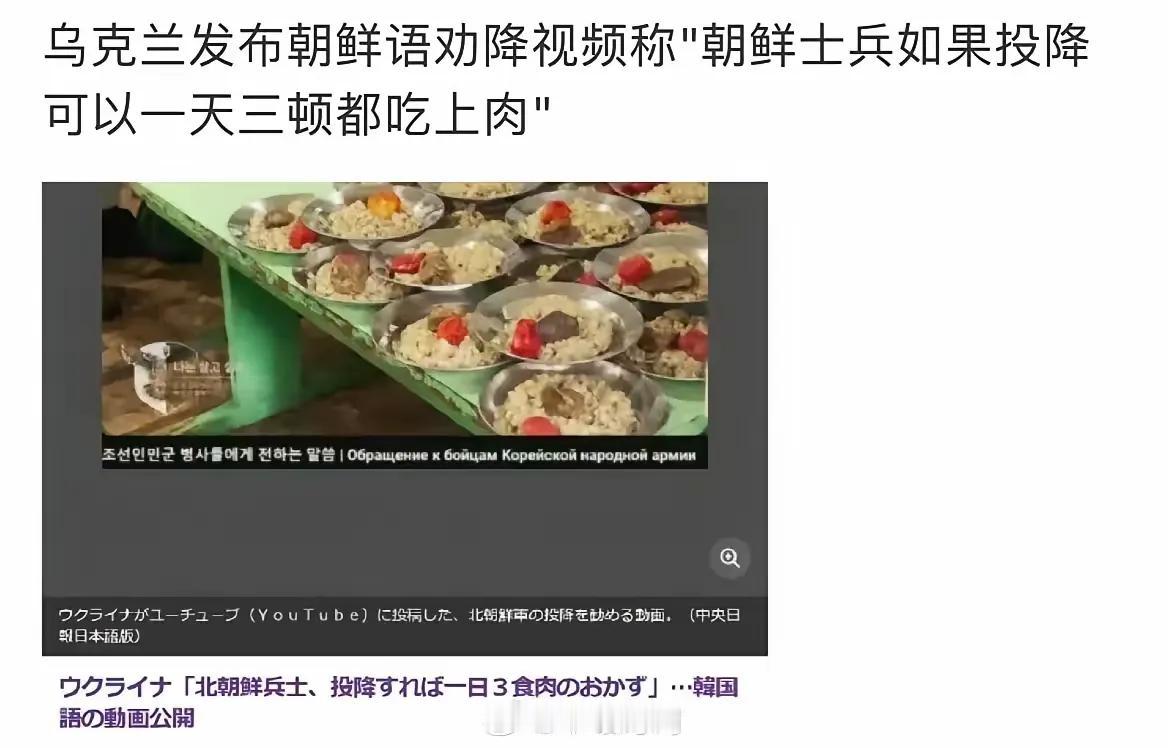 乌克兰国防部发布劝降宣传页，称朝鲜士兵投降过来可以保证一日三餐有肉。太狠了。