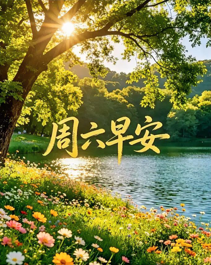 周六早安！阳光透过树叶倾洒在湖面，五彩花朵于岸边绽放，美好的一天从这治愈的风景开