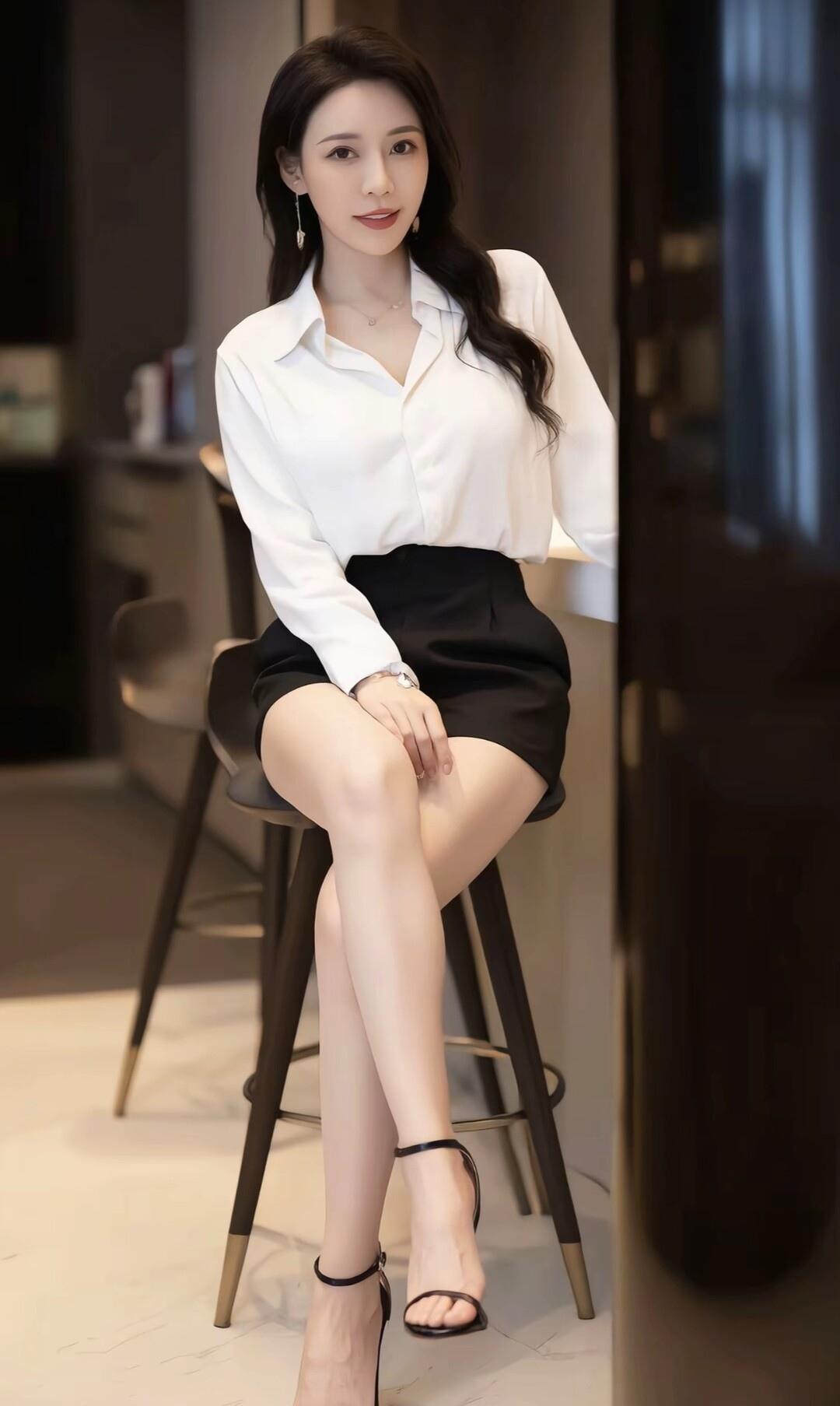 优雅白衬衫搭配黑色短裙，尽显都市女性魅力！👠💄