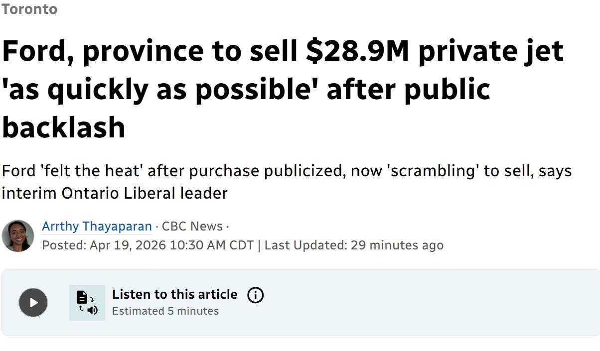 遭到强烈批评后，加拿大安大略省政府表示将很快出售为省长购买的私人豪华飞机

在安