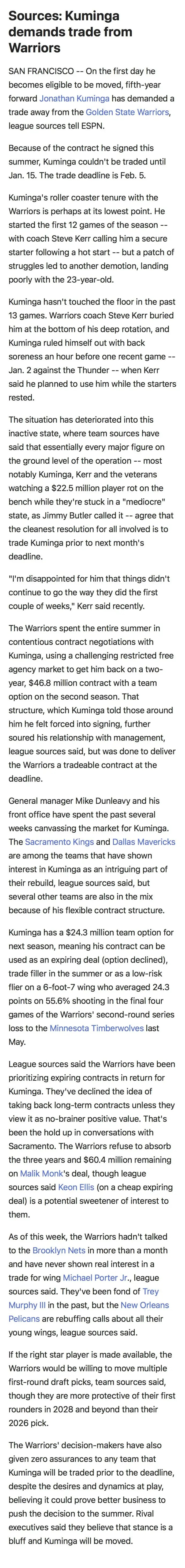 Shams有关于库明加交易的全文翻译：旧金山 —— 在成为可交易球员的第一天，金