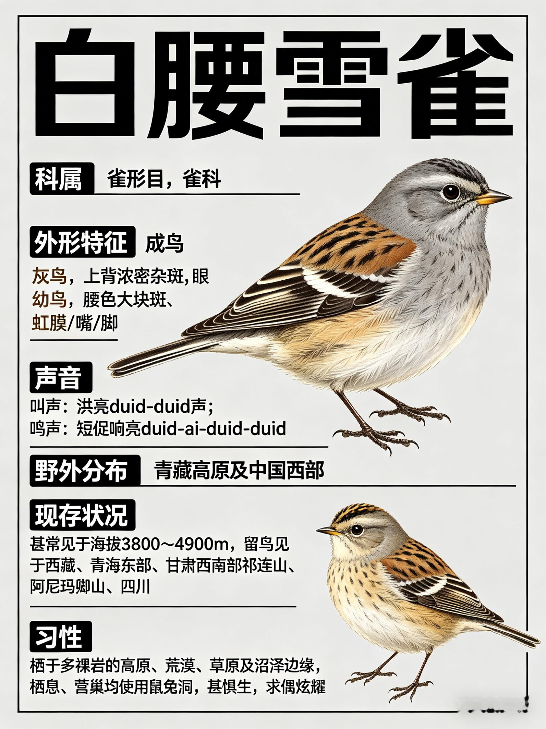鸟类朋友图鉴 白腰雪雀·科属：雀形目，雀科。·外形特征：体型略大（17cm）的灰