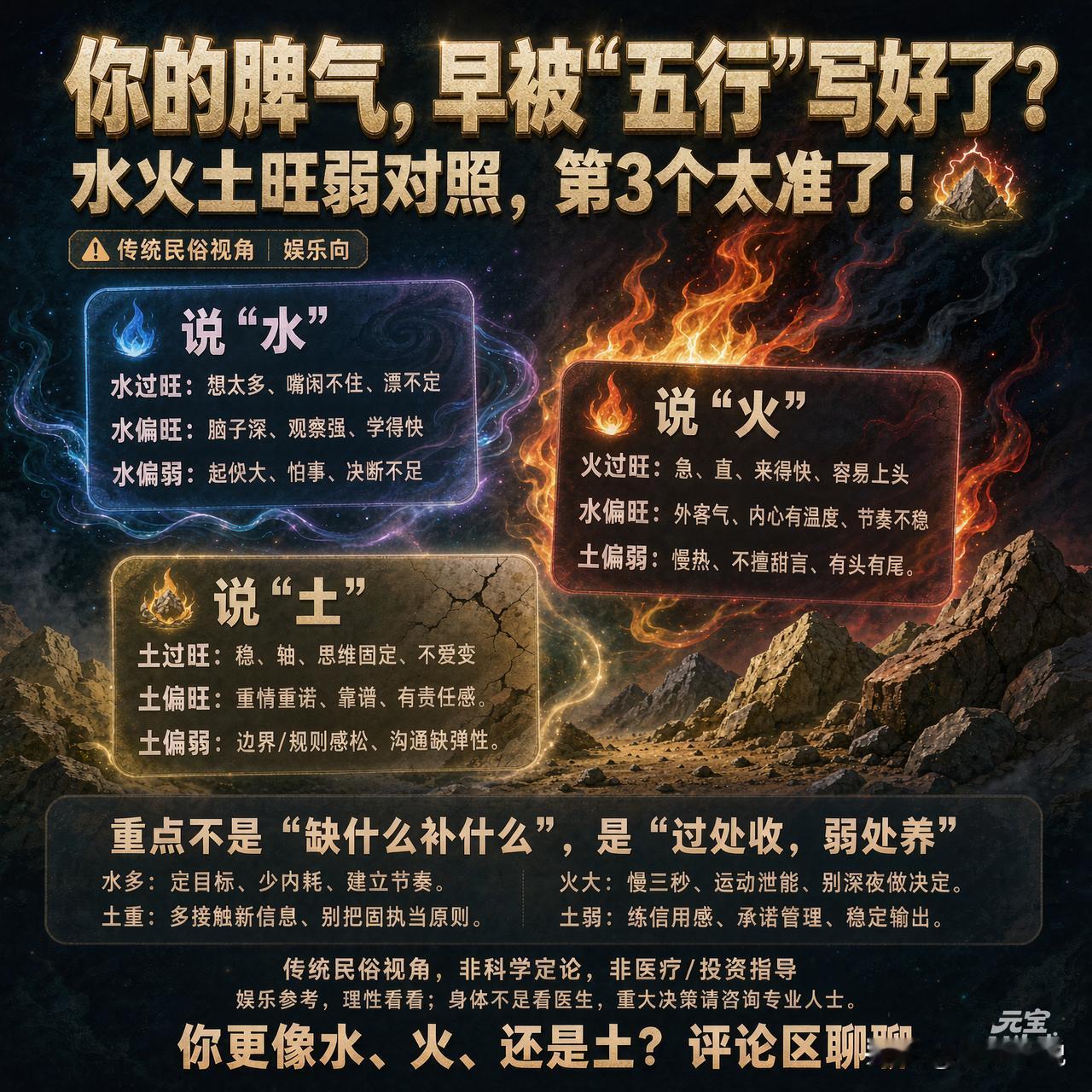你的脾气，早被“五行”写好了？水火土旺弱对照，第3个太准了！（娱乐向）

你有没