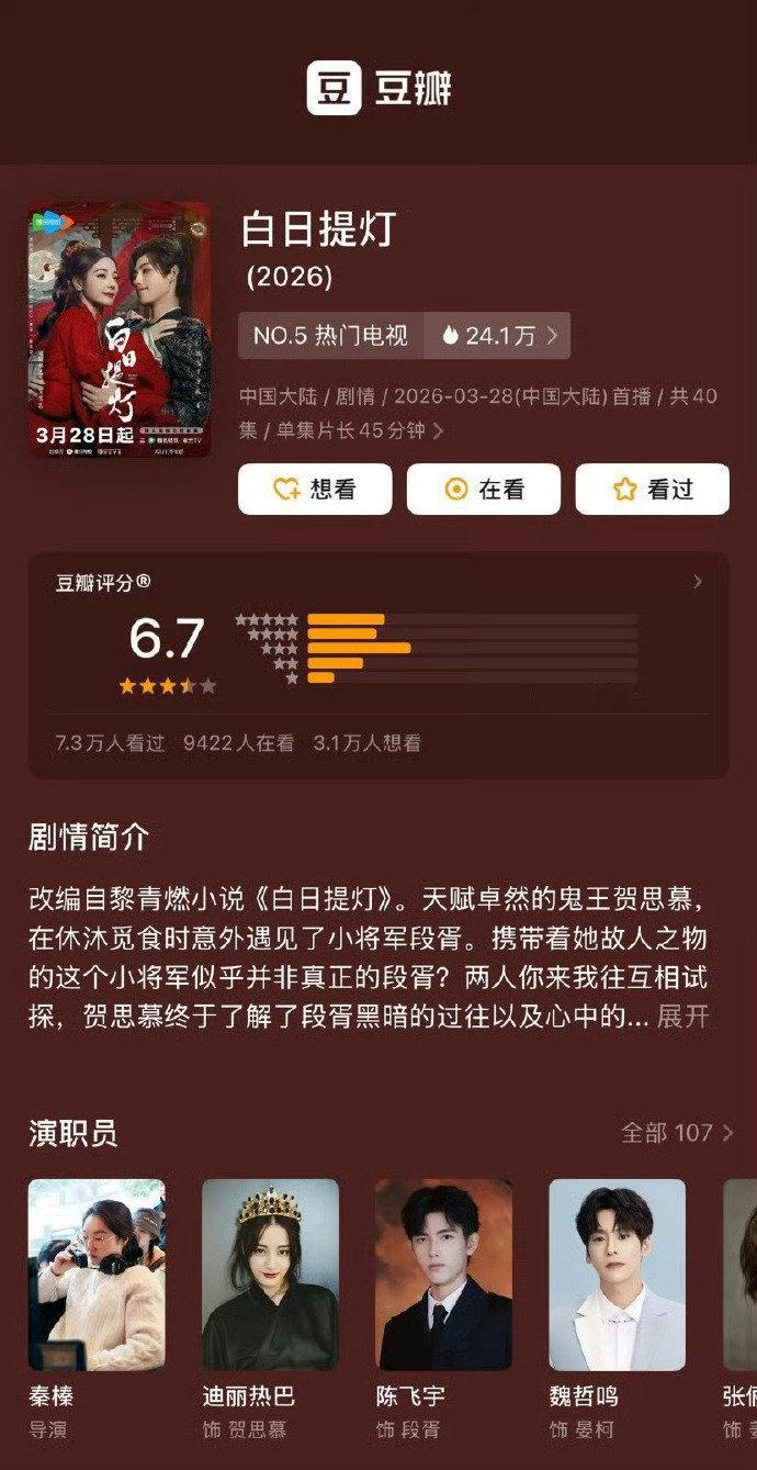 迪丽热巴白日提灯豆瓣6.7分 白日提灯豆瓣6.7分迪丽热巴白日提灯豆瓣6.7分 