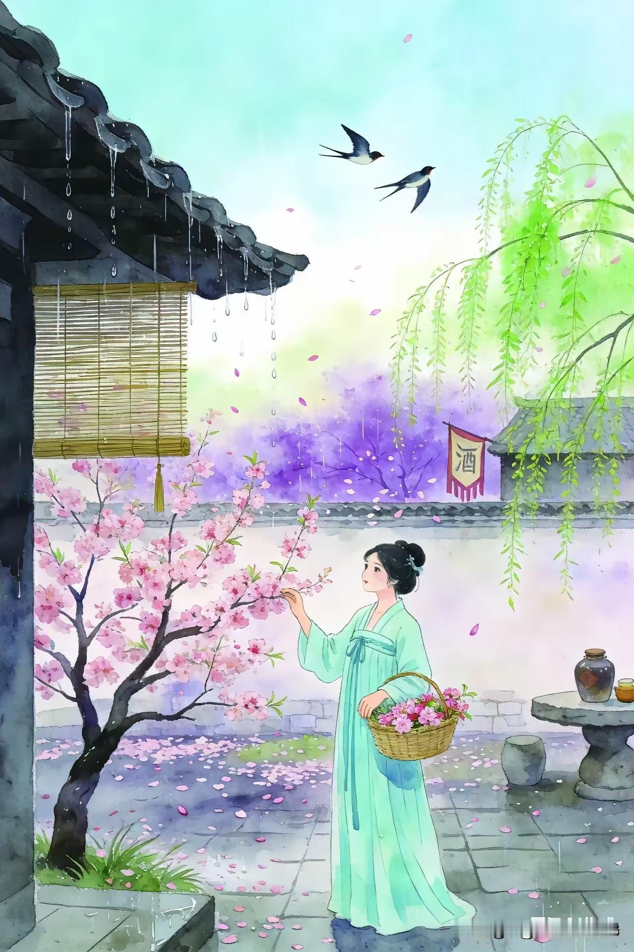 天净沙·春日即景
春临日丽风恬，
紫燕高翔蓝天。
村外姑娘采艳。
芳香盈遍，
人