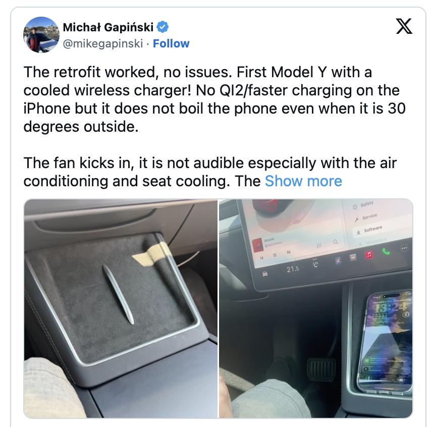 特斯拉车主自己改造无线充电板
特斯拉国产的Model Y L已经用上了带主动冷却