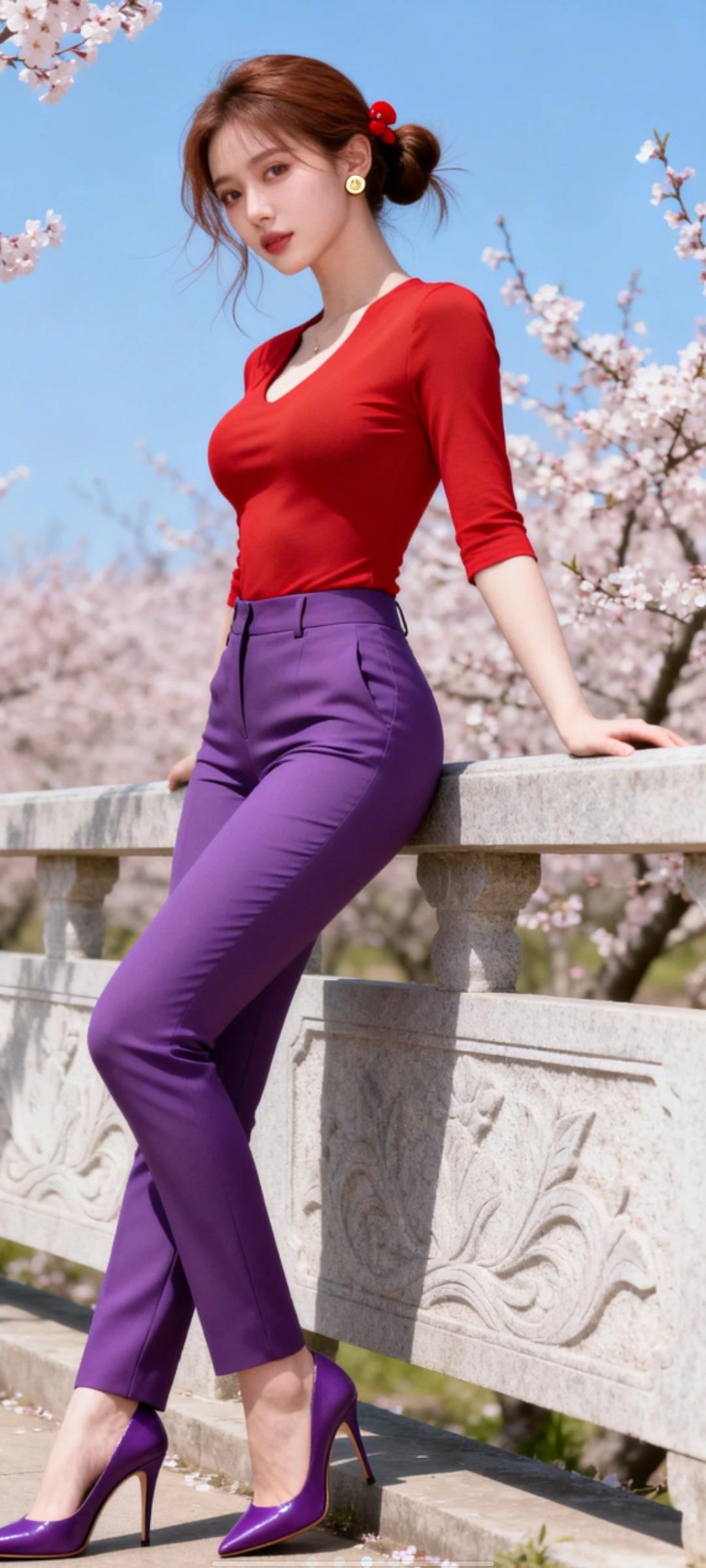 红衣倚栏立，紫裤映花枝。