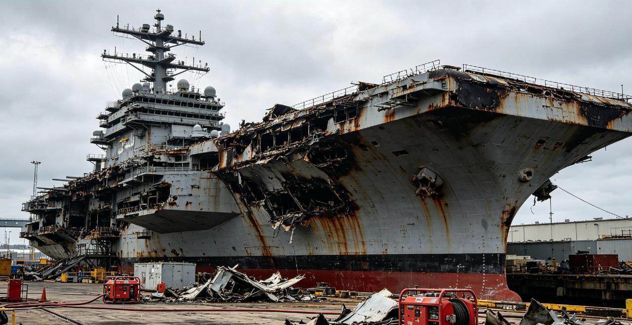 短讯：美军航母密集失火 11艘近半停摆
 
美军航母近期接连失火：4月中旬“艾森