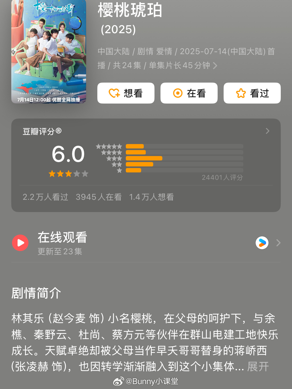 张凌赫、赵今麦主演的《樱桃琥珀》豆瓣开分6.0，刚刚过及格线，还有人说高了……这