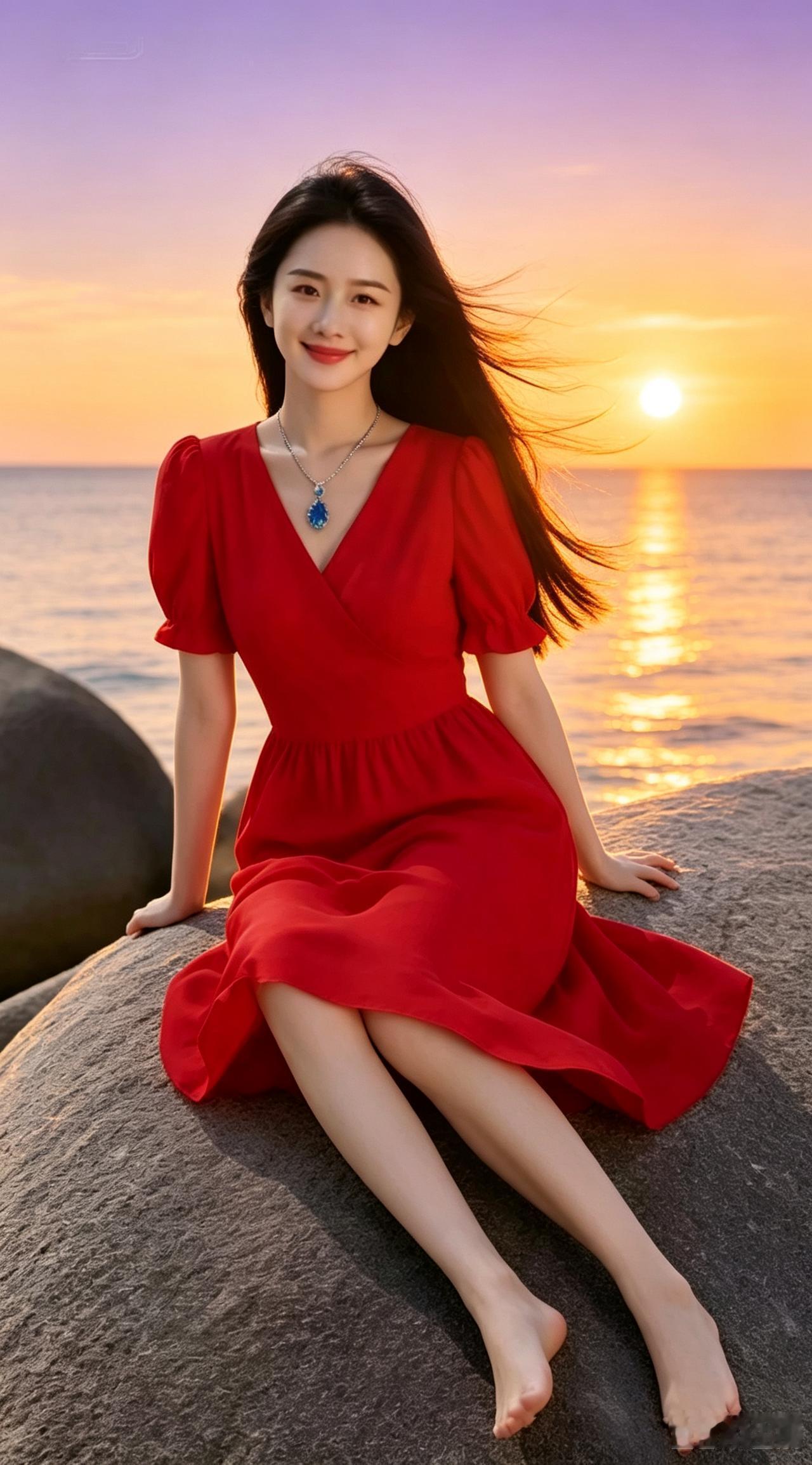 七律 落日余晖之红裙佳人
沧波万里送残霞，独立荒矶感岁华。
落日倾光浮远水，长风