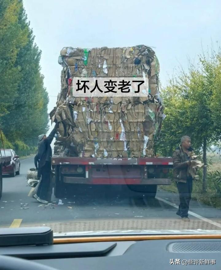 司机在前面叠篷布，俩老头儿就在后面薅人家纸壳子，把各自的三轮车斗都装满了。可能也