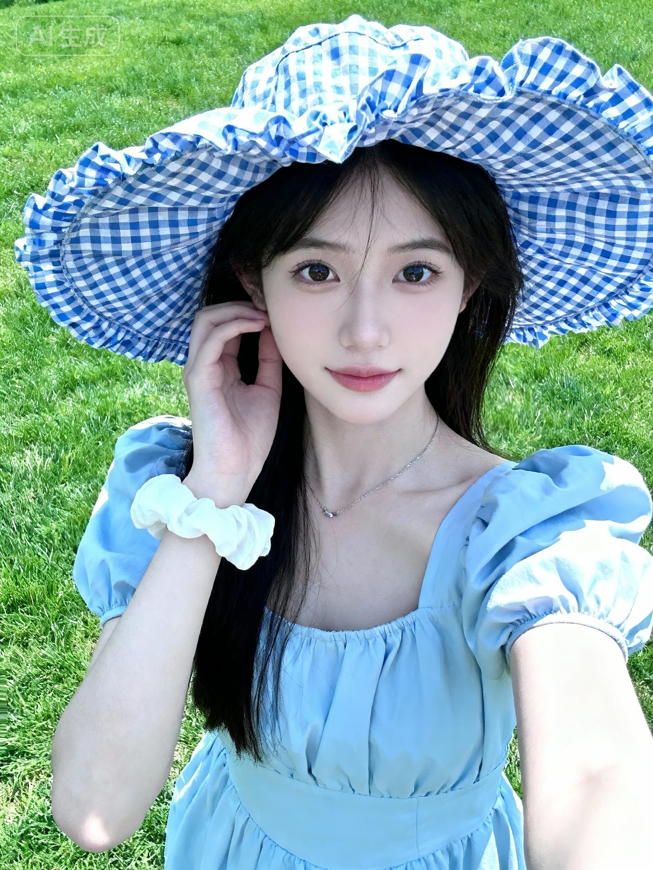 浅蓝泡泡袖裙+格纹大檐帽=草坪里的夏日甜豆💙浅蓝粉裙 浅蓝星星裙穿搭 花苞裙衬