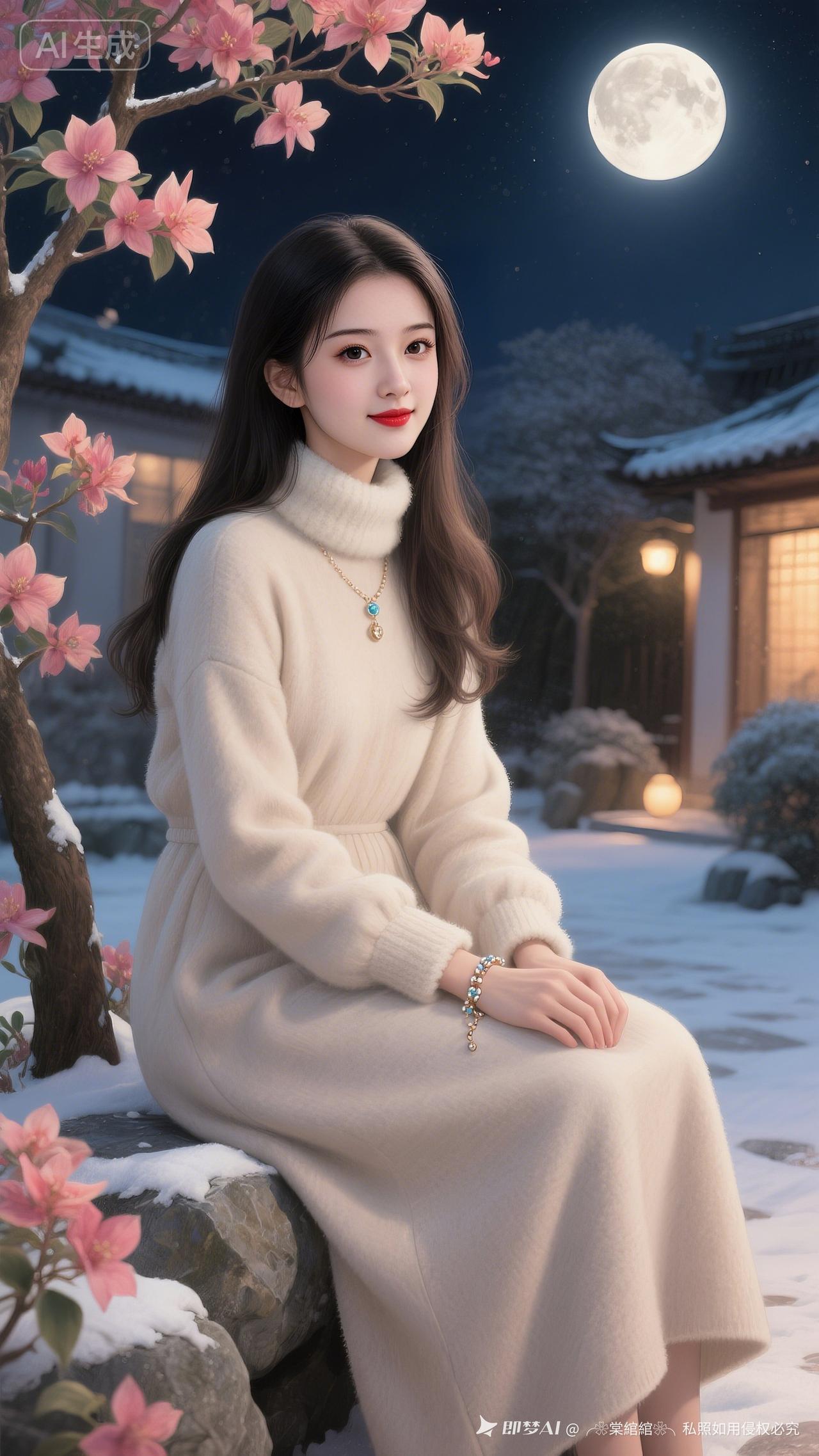 冬夜静谧，雪中赏月，温暖如你。