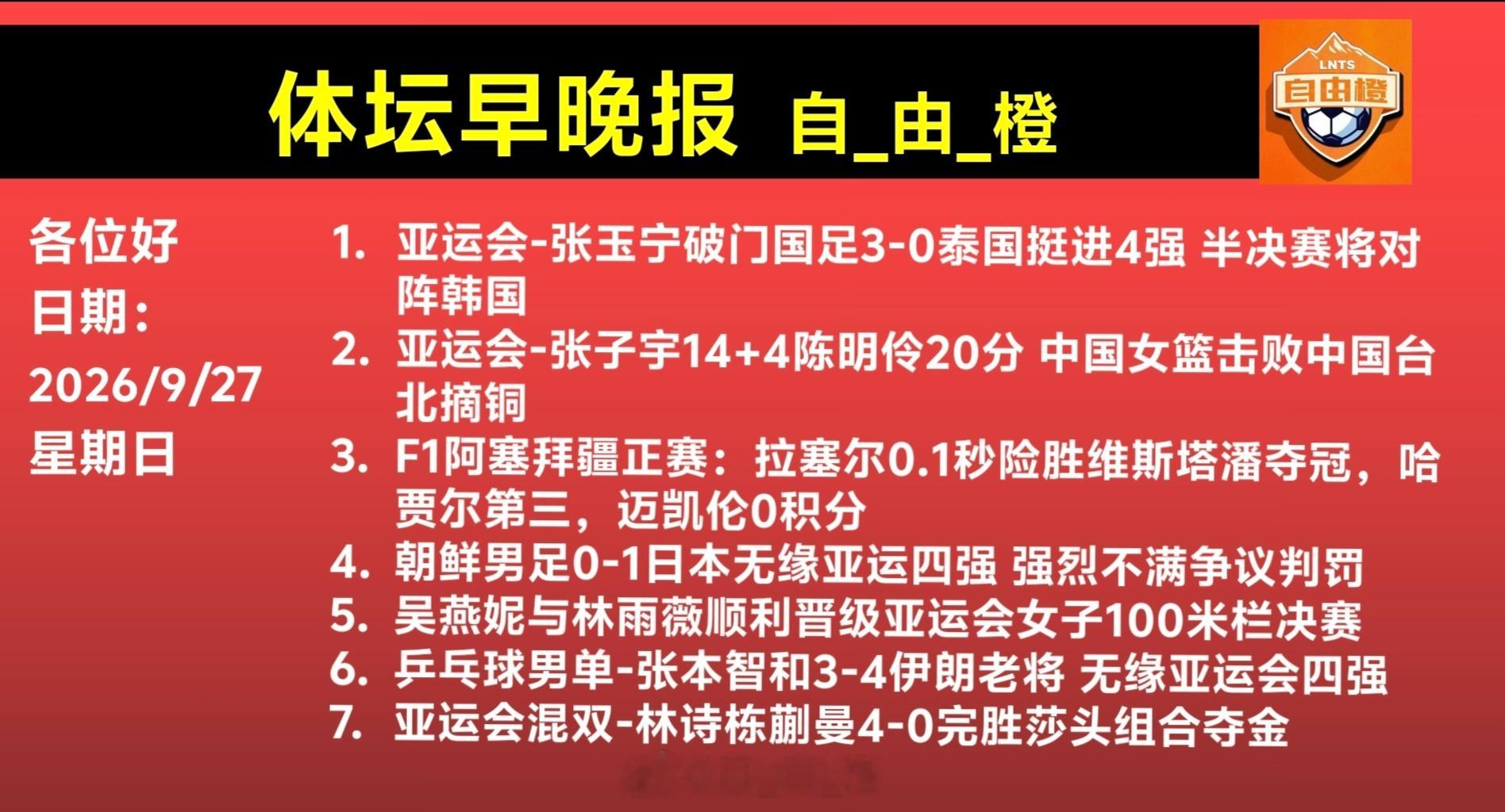 自由橙[超话]热聊亚运会体坛早晚报每日橙语 ​​​