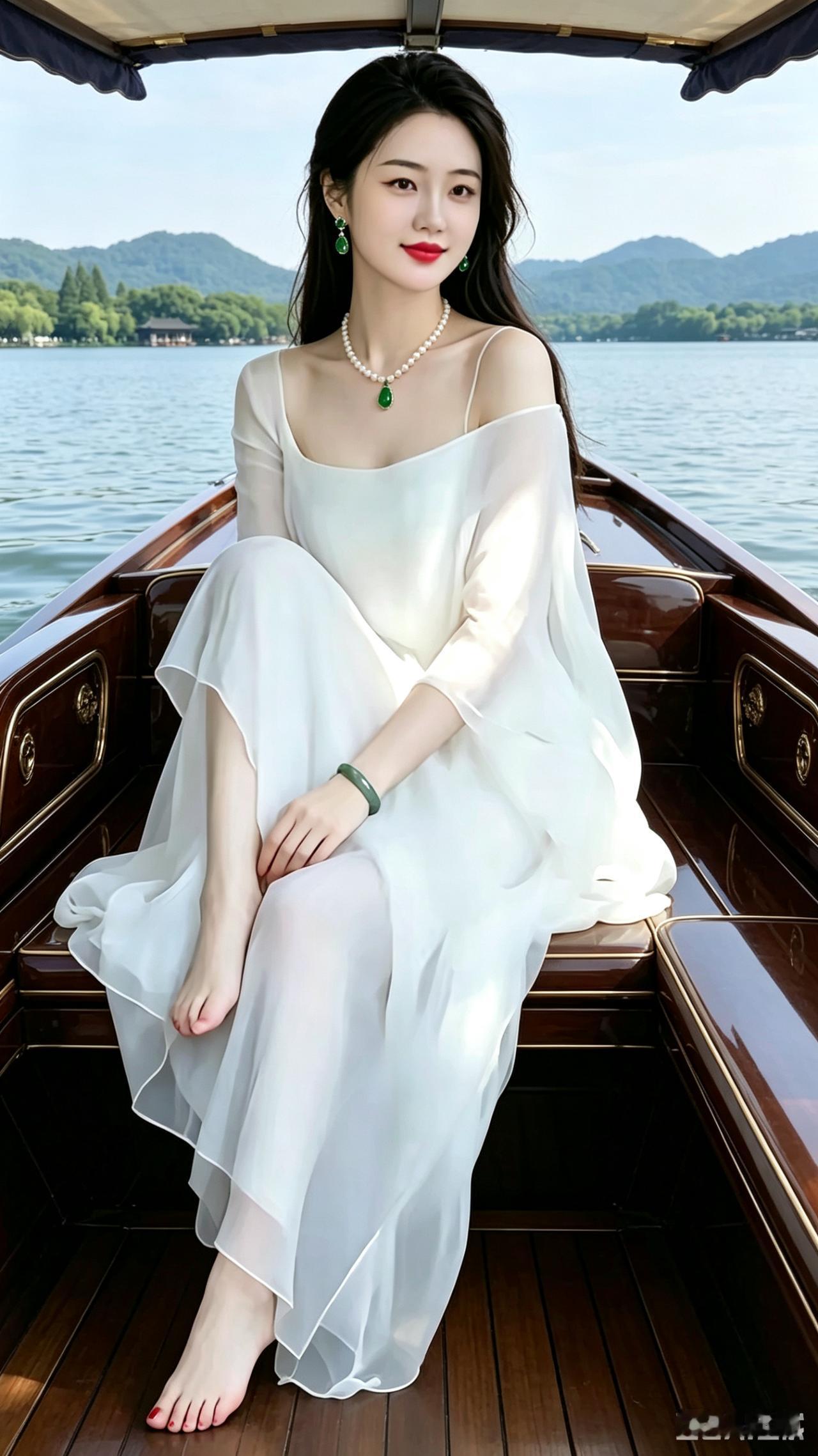 绝色美人端坐西湖豪华乌篷船，翡翠祖母绿耳坠搭配温润珍珠项链，赤脚艳红美甲格外亮眼