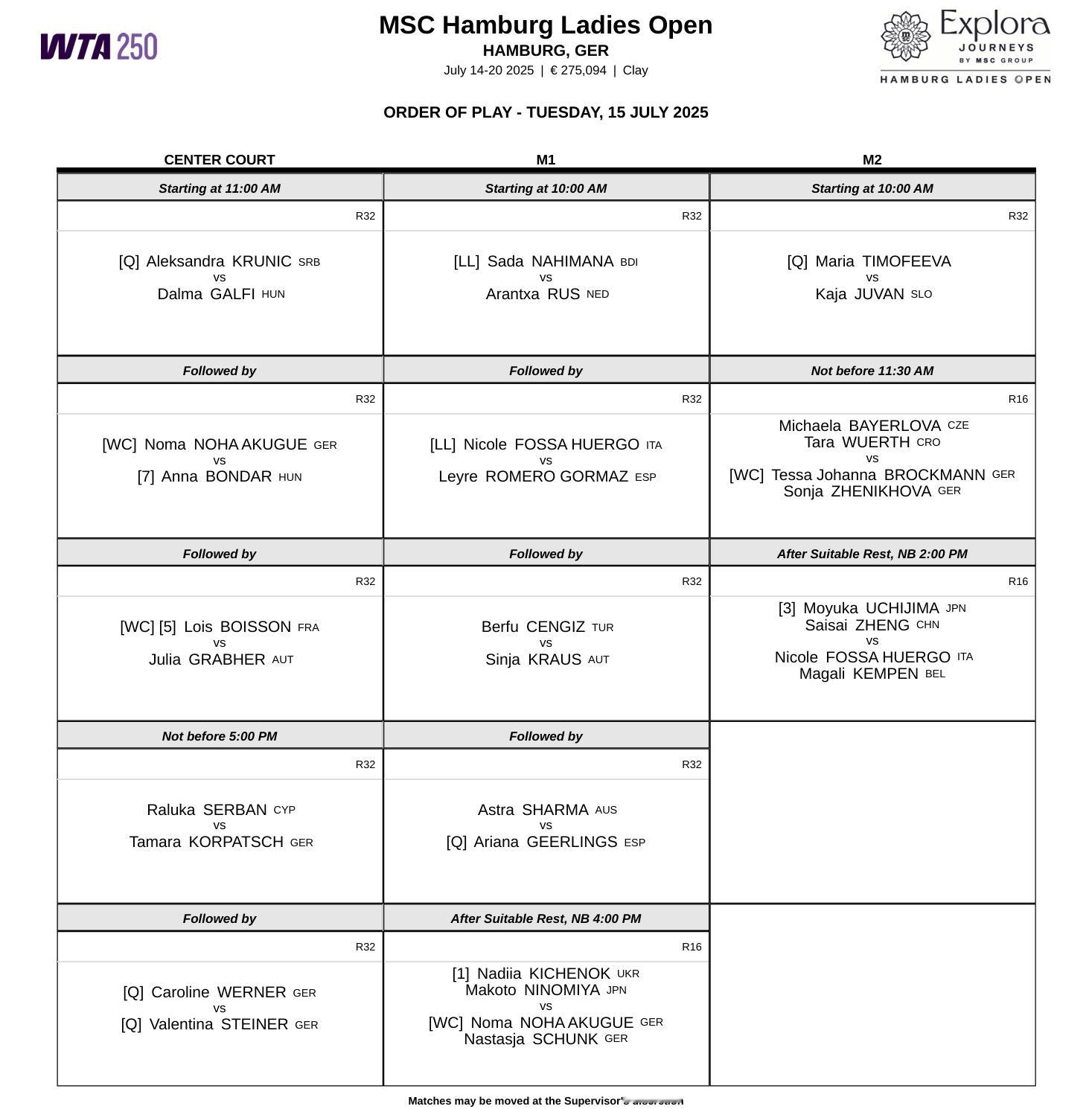 今日赛程📅📍WTA250汉堡站布瓦松、邦达尔、加尔菲、科尔帕奇、鲁斯等球员亮
