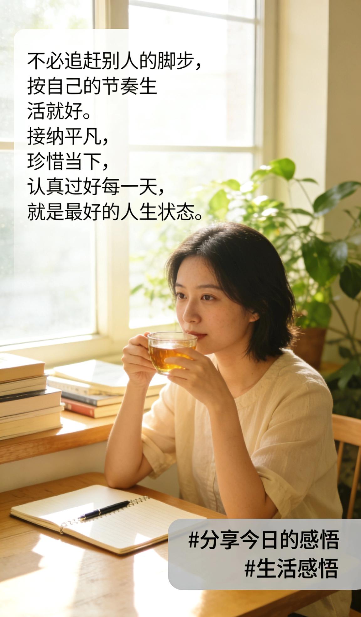 分享今日的感悟不必追赶别人的脚步，按自己的节奏生活就好。接纳平凡，珍惜当下，认真